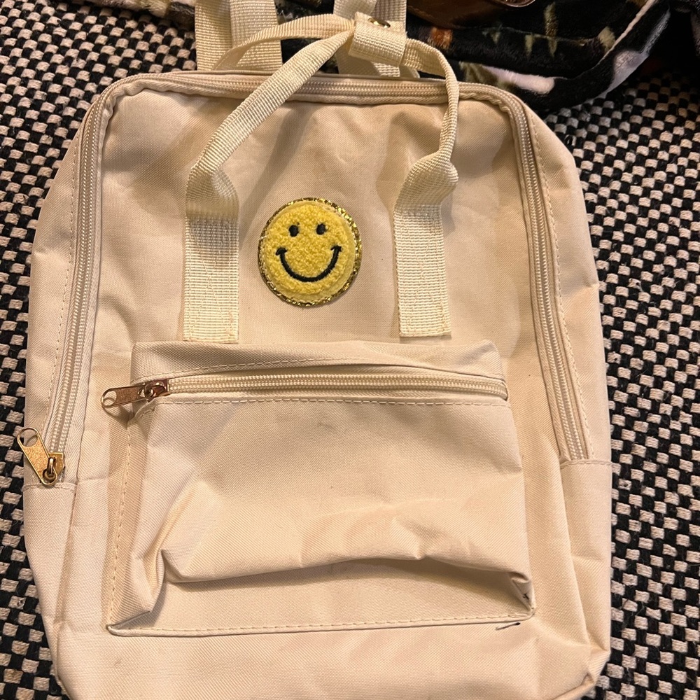 Beige Backpack with Smiley Face Patch